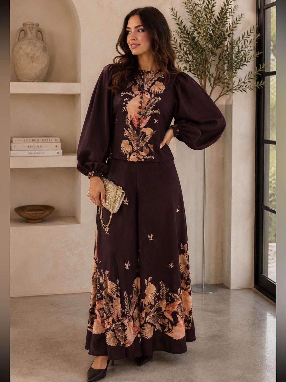 FROM PARIS FRANCE Long Floral Maxi SKIRT AND TOP SET -Dark Plum with Peach Print